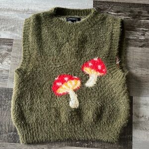 Forever 21 Olive Fuzzy Vest with Red Mushroom Design